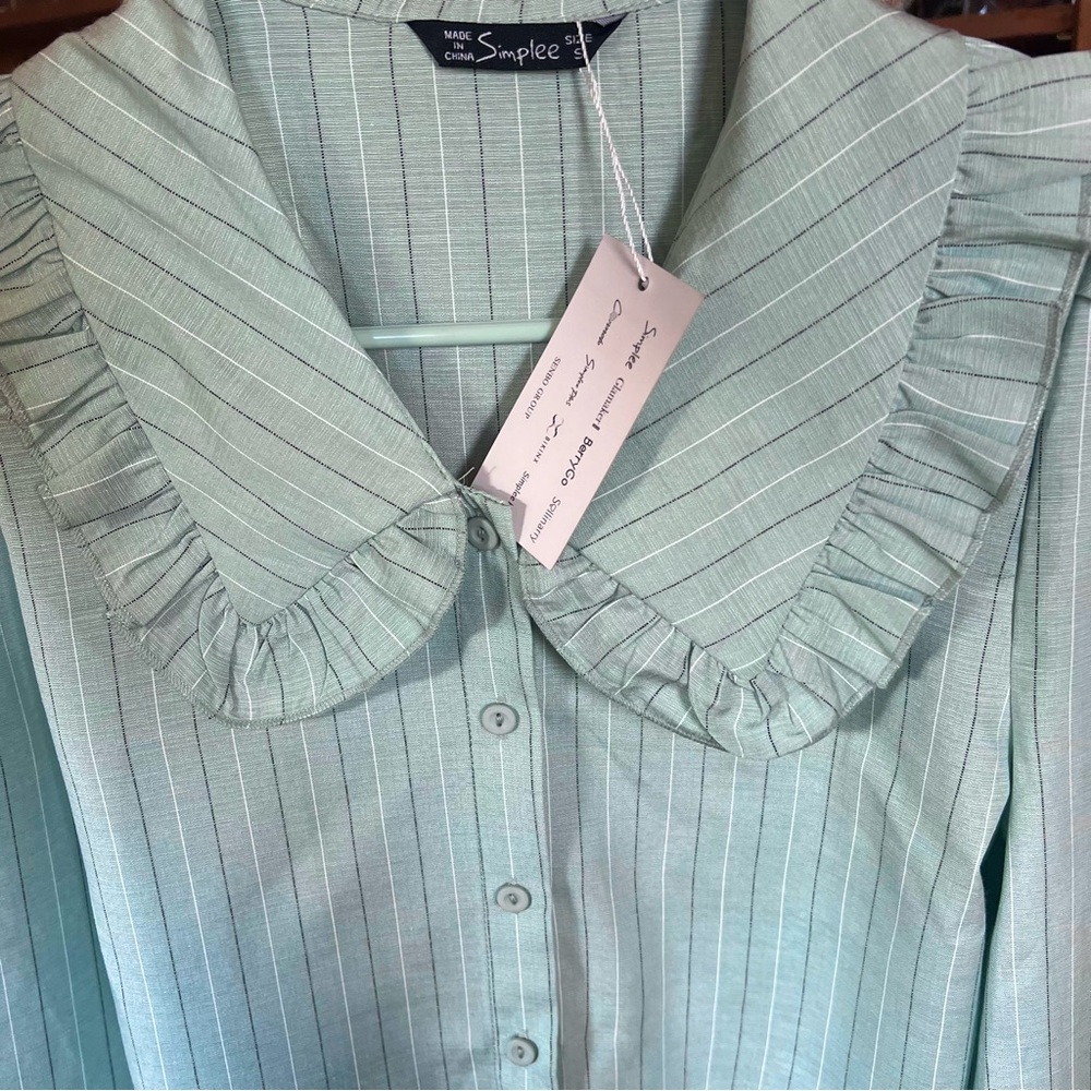 NWT Mint Green Pinstripe Peter Pan Ruffled Collar Blouse Pleated Long Sleeves S - Picture 4 of 5